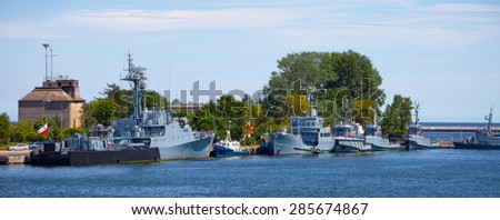 Navy warships moored at the wharf in the port of Gdynia, Poland.