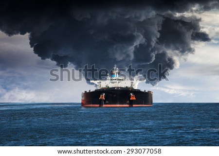 Burning Tanker ship on the sea.