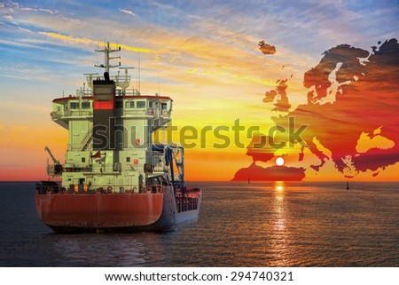 Ship on sea and Europe map background - shipping travel concept.