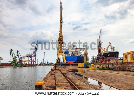 Ships and cranes in shipyard of Gdansk, Poland.