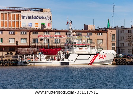 GDYNIA, POLAND-APRIL 22:SAR - Search and Rescue, rescue boat moored at the quayside in port, on April 22, 2015 in Gdynia, Poland.Boat to patrol the waters of the Baltic in difficult weather conditions