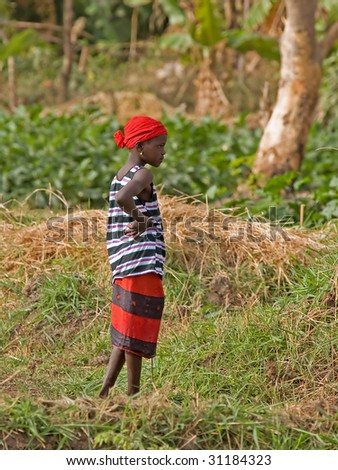 LAMIN, GAMBIA : FEBRUARY 24 : An unidentified local girl waits for bucket to fill at borehole well to irrigate growing vegetables in a Women\'s Field February 24, 2009 in Lamin, Gambia.
