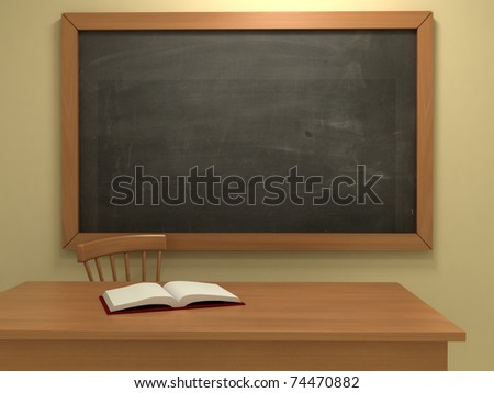 Realistic classroom with empty blackboard. 3d illustration.