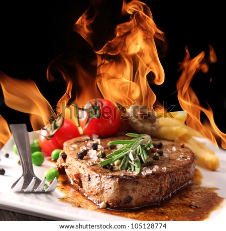 Grilled Beef Steak with flames