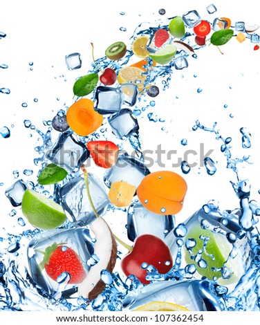 Fresh fruit in water splash with ice cubes