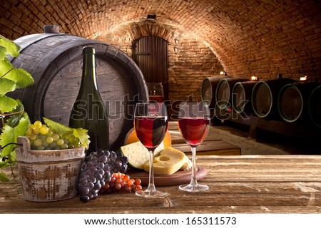 Wine bottle and glasses with wodden barrel
