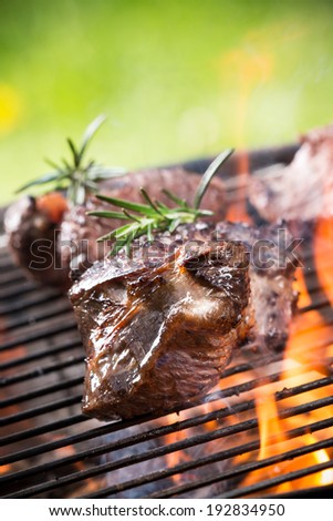 Grilled beef steaks on the grill, close-up.