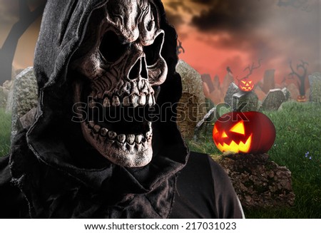 Grim reaper on a dark background, halloween background.