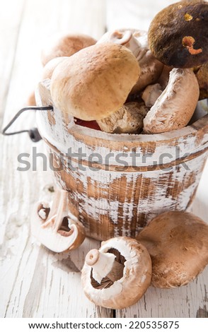 Fresh mushrooms on a wooden box