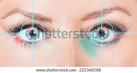Close-up woman eyes with laser medicine, technology concept.