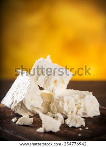 Greek feta cheese, close-up, still-life.