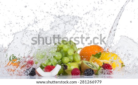 Fresh fruit with water splash on white background