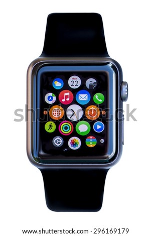 PRAGUE, CZECH REPUBLIC - June 22, 2015: New wearable Apple Watch smartwatch displaying the Apps. Apple Watch has fitness tracking and health-oriented capabilities with iOS products.