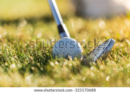 Close-up of golf ball with club