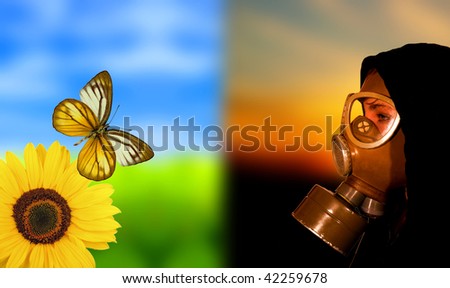 Concept of beautiful world and woman in gas mask
