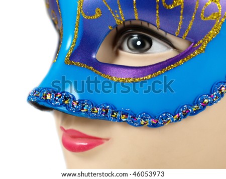 face of mannequin with red lips and venice mask isolated on white background