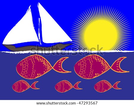 conceptual illustration of a boat on the ocean with sun and fish