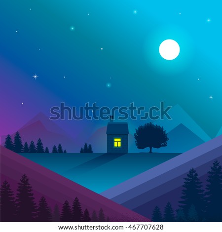 Nature landscape. Vector.Night nature landscape with lonely house in mountains with window light.Moon and star light,violet and blue colours.Vector illustration nature background.Vector.Landscape art.