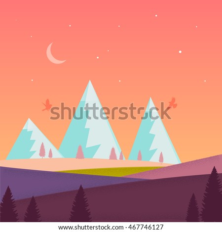 Nature landscape with mountain,moon,stars,forest,field.Violet,green,orange,blue colours.Minimalistic landscape nature.Summer evening landscape.Nature landscape.Summer magic landscape.Nature vector.