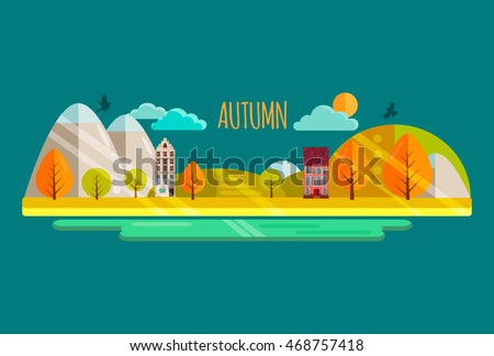 Autumn. Vector illustration.Autumn park with yellow and orange trees,cute houses,sun, river.Autumn nature landscape,mountains.