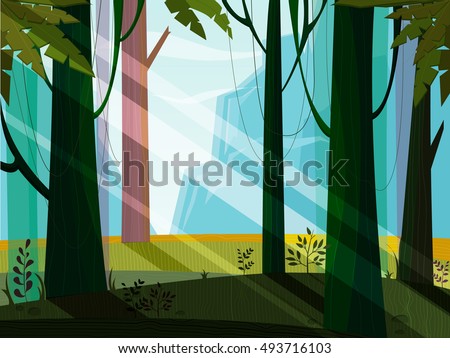 Nature landscape with jungle,mountain,forest,trees,wood,plant. Green,blue,violet colors. Minimalistic landscape nature. Jungle nature landscape. Magic. Nature vector. Nature flora. Vector, EPS 10.