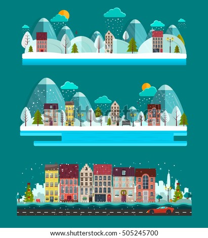 Winter landscape. Set of Landscapes with nature and houses. Cute town with white trees, cute houses,sun, mountains, fir-trees. Vector illustration, EPS 10