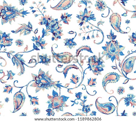Paisley watercolor floral pattern tile with flowers, flores, tulips, leaves. Oriental traditional hand painted water color whimsical seamless print for ceramic design. Abstract indian batik background
