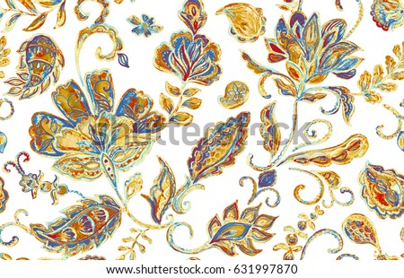 Hand drawn floral flower seamless pattern (tiling). Trendy colorful watercolor seamless pattern with flowers, paisley, butas, tulips and leaves. Isolated objects on a white background. Stucco design.