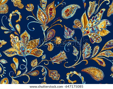 Hand drawn flower seamless pattern (tile). Colorful seamless pattern with pargeting grunge whimsical flowers, paisley, raspberry on navy blue background. Watercolor seamless pattern for textile.