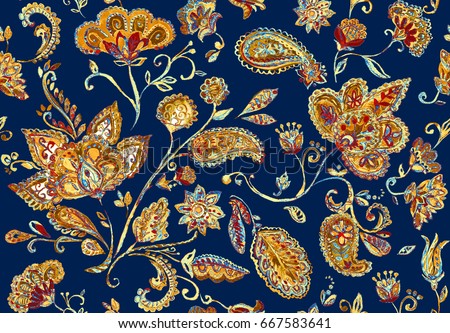 Hand drawn watercolor whimsical flower seamless pattern (tiling). Colorful seamless pattern with flowers, paisley, leaves. Beige dark blue background. Perfect for textile, cover design, print, border.