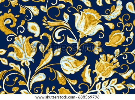 Hand drawn watercolor floral flower seamless pattern (tiling). Colorful seamless pattern with grunge beige gold abstract  whimsical tulips, paisley, leaves on dark  blue background. For print design.