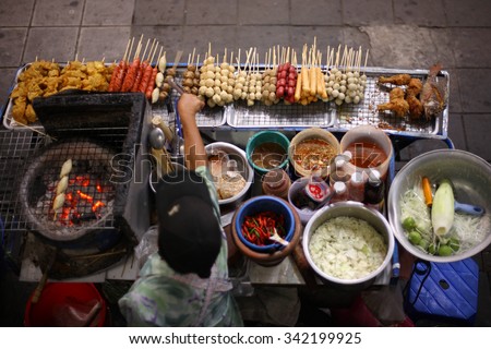 Top view of a Thai street food vendor in Bangkok, Thailand