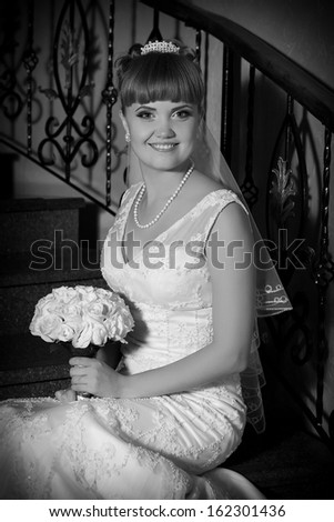 black and white portrait of beautiful happy bride