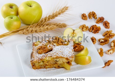 slice of tasty homemade pie with apples,  on white background