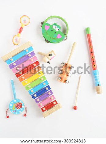 Musical instruments collection on white background. Top view