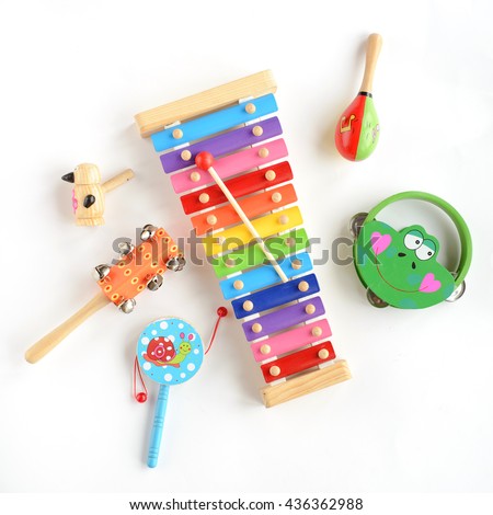 Musical instruments collection on white background. Top view