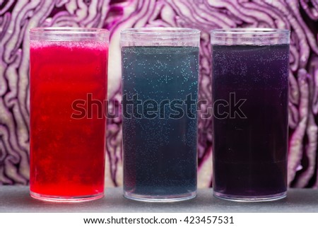 Red cabbage pH indicator solution. Acidic lemon juice (red), alkali sodium bicarbonate (blue) and neutral tap water (purple) showing property of anthocyanin in red cabbage juice