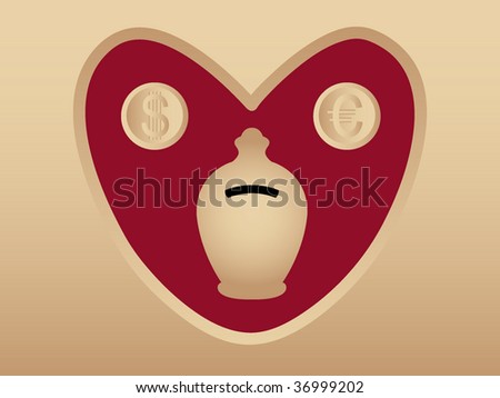 piggy bank and coins inside a red heart