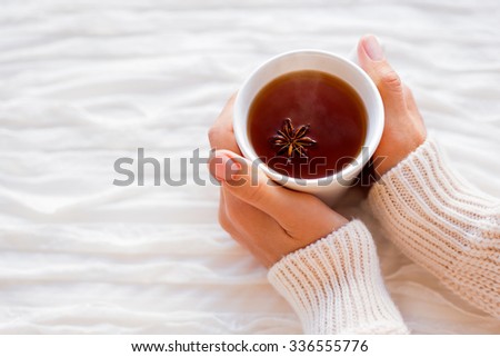 Women holds a cup of hot tea with anise star. Cozy morning at home.