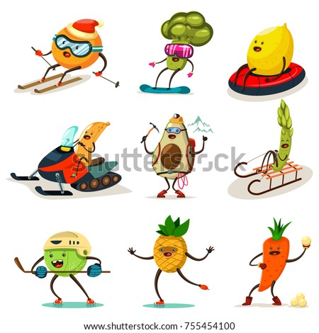 Funny fruits and vegetables are engaged in winter sports. Skiing, snowboarding, snowmobiling, hockey, skating on ice, climbing and other. Cute food cartoon character vector set isolated on background.