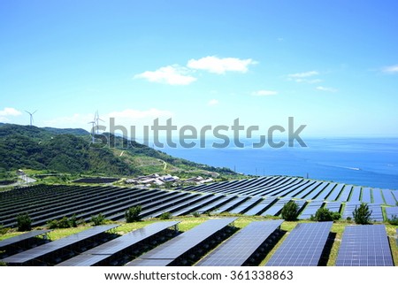 Solar panels and wind generators in Large Photovoltaic power station (solar park) / Renewable energy Sustainable energy / Solar Power Plant