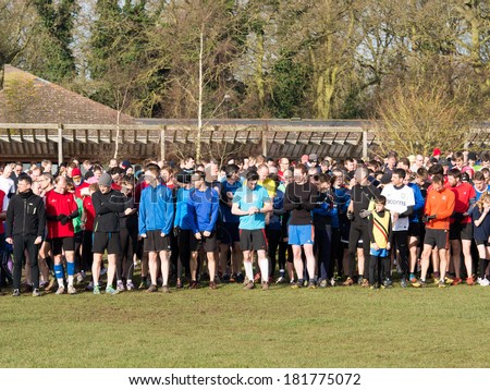 WORCESTER,UK-MARCH 01 2014 : Competitors line up for the start of a Park Run on March 012014 in Worcester,UK. Park Run races are held every Saturday  around the UK and the rest of the World.