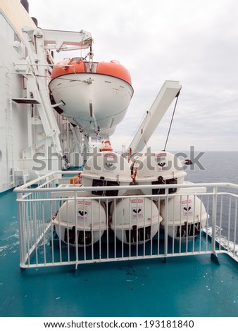 ANCONA,ITALY-MAY 07 2014 :Emergency equipment on a ferry that sails Fom Italy to Greece