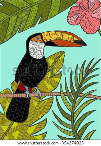 Vector hand drawn toucan bird tropical illustration for postcard, poster. Can be used for adult coloring book (easy to remove colors).