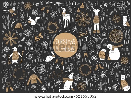 Vector hand drawn cute forest animals collection. Stylish and elegant cartoon animals. Cute and childish hipster christmas elements.