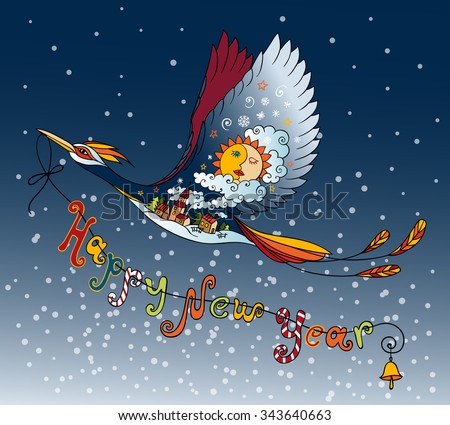 Greeting card with flying blue bird on snowy background. The bird bearing letters in its beak. Vector illustration.