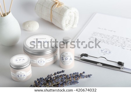 Cosmetics SPA branding mock-up, top view, on white background, place your design