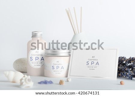 Cosmetics SPA branding mock-up, top view, on white background, place your design