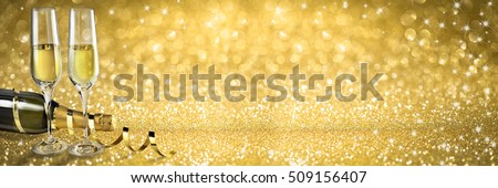New Year Toast champagne banner, golden background