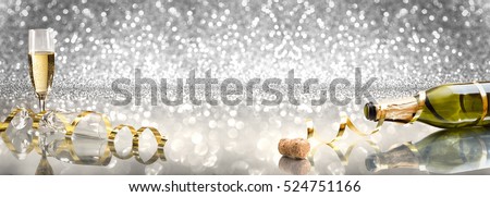 New Year Toast champagne banner, silver background, golden ribbon